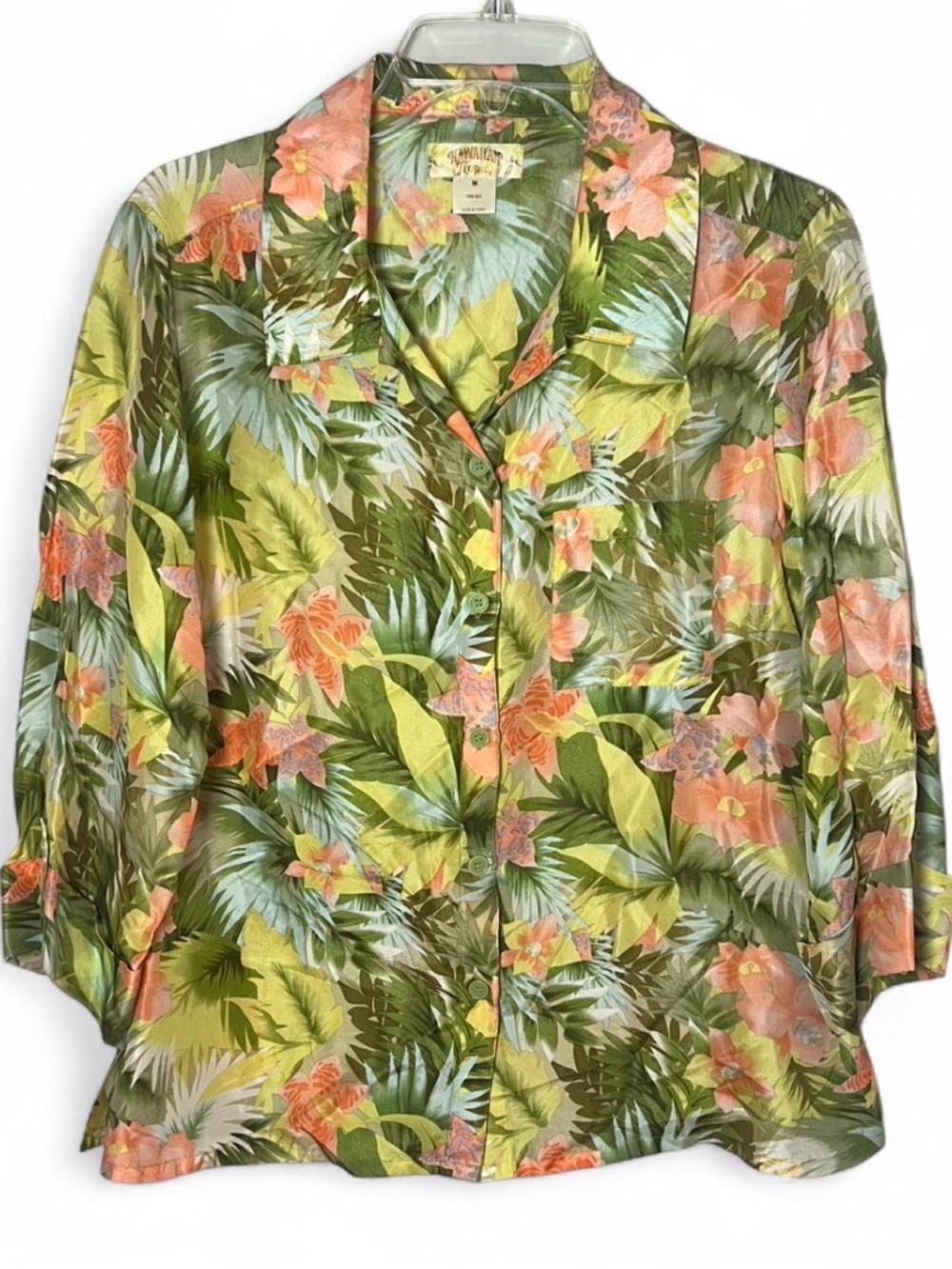 Hawaiian Tropic 100% Silk Tropical Floral Blouse Vacation Resortwear Summer Sz M